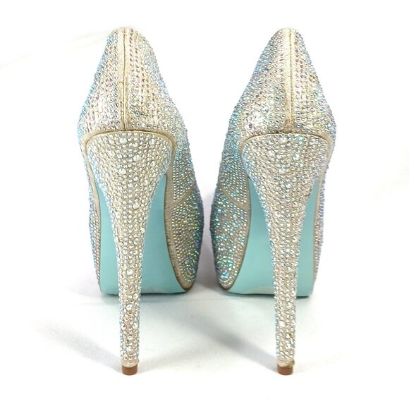 Blue by Betsey Johnson Champagne Sparkly Rhinestones Wish Heels Platforms Pumps - Picture 7 of 9